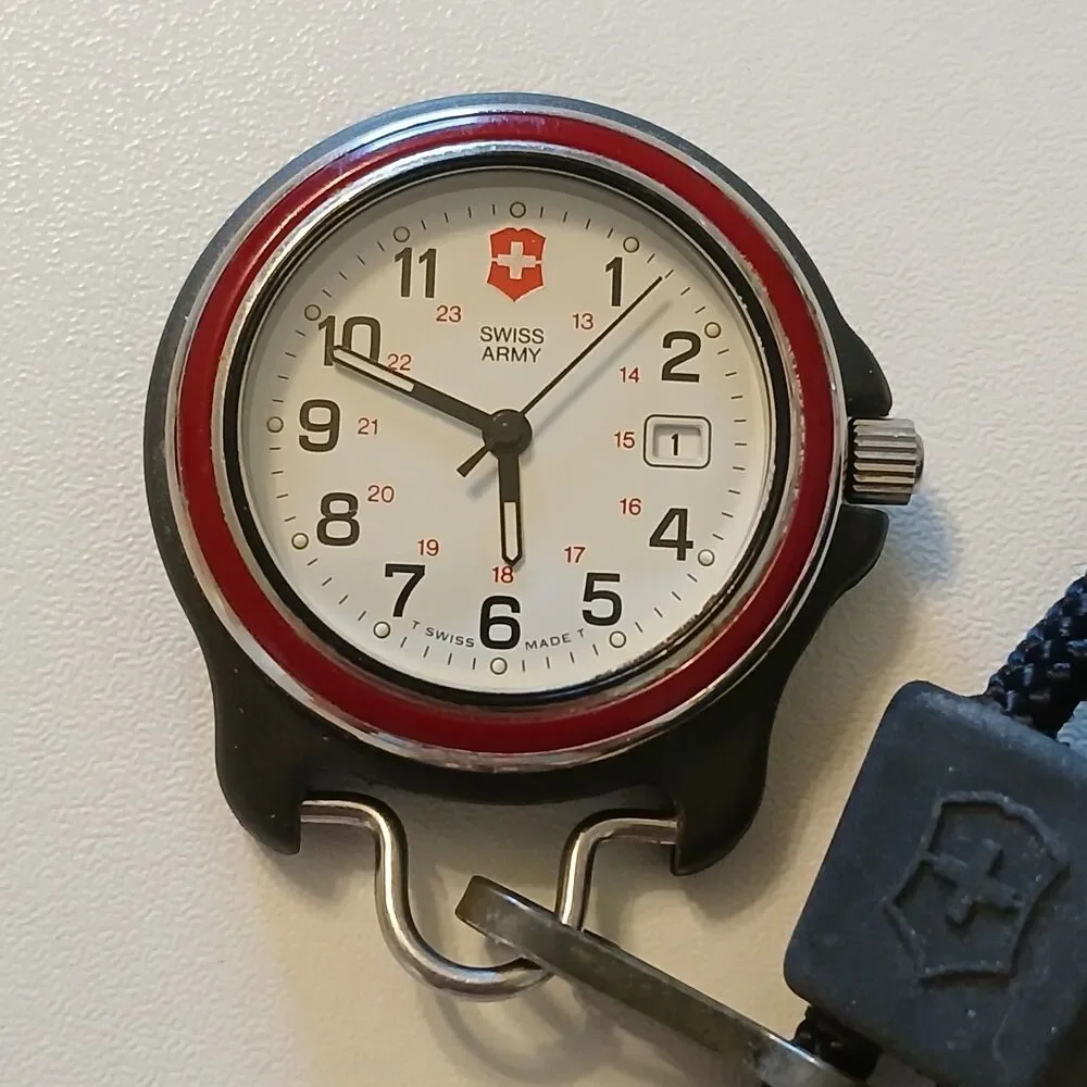 VTG 1990s Swiss Army Brand Pocket Watch Lanyard Red Bezel Date White Dial 31mm